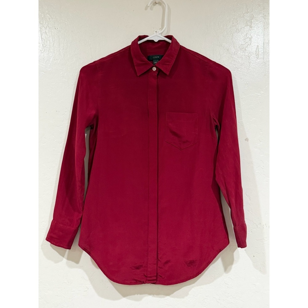 J.Crew Womens 100% Silk Button Down Shirt Burgundy Red Long Sleeve 00P Petite